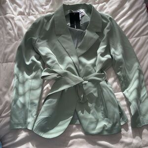 Fashion Nova Green Satin Blazer with Belted Wrap Design
